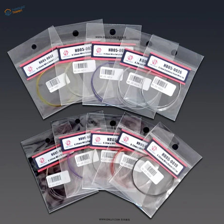 0.38mm colored steel wire spools in clear bags, yellow purple red hues