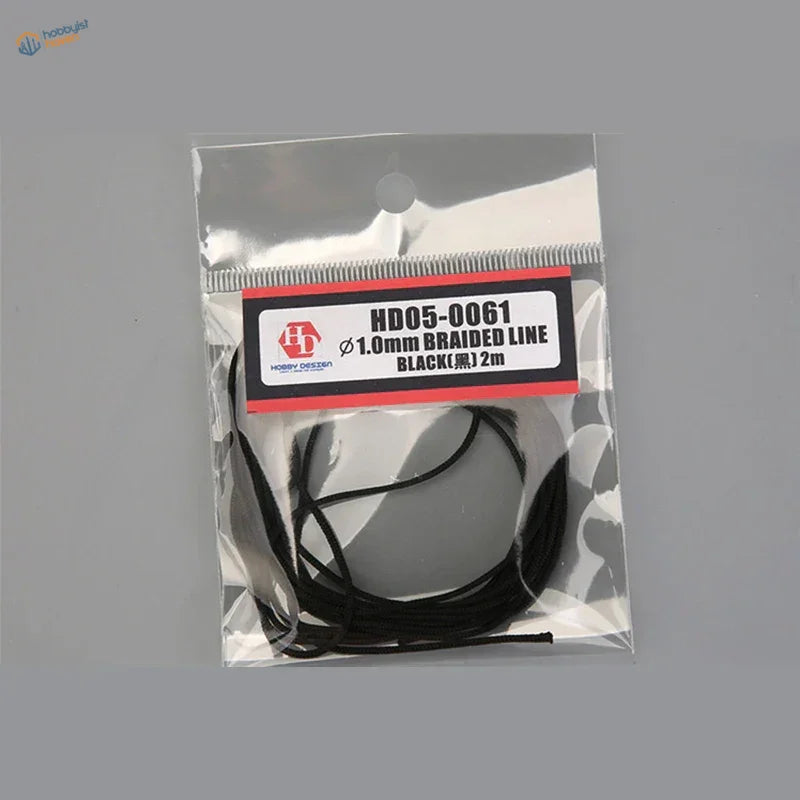 Black 1.0mm braided line for scale modeling, 2m in clear bag, Hobby Design