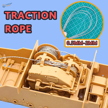 Silver-colored fine-gauge tow cable 0.5-2mm diameter coiled on model reels for scale models and scale modeling tools use