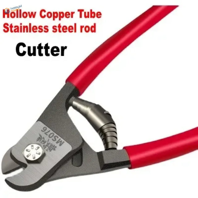 Red-handled copper tube cutter with stainless steel jaws and a threaded adjustment mechanism.