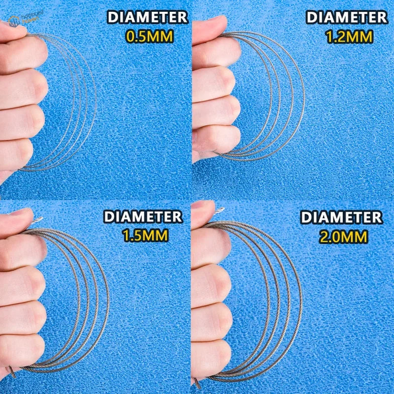 Silver-colored steel traction cable strands in four diameters 0.5mm to 2mm for model use
