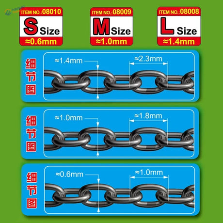 0.6/1.0/1.4mm fine black metal chains in S, M, L for scale modeling tools