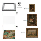 Assembly diagram showing a picture frame, clear film and art print stacked with instant glue