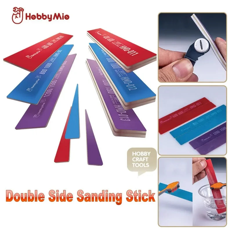 Hobby Mio double-sided sanding sticks in red, blue and purple, flexible and pointed shapes
