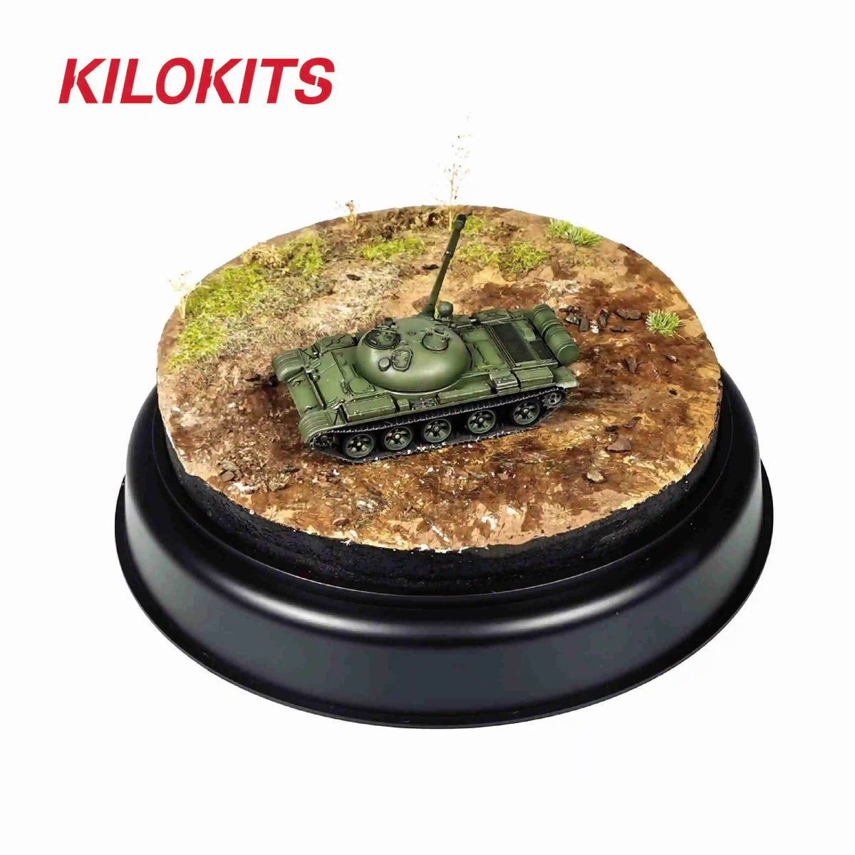 Olive green T-54/55 tank model on eps hard foam diorama base