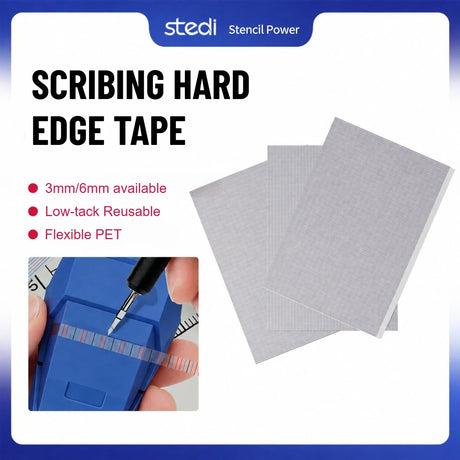 Stedi hard edge scribing tape in 3mm and 6mm widths with a scriber guided along a taped model part