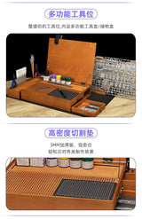 Wooden portable hobby station with multiple compartments mesh cutting mat and paint bottle storage for portable hobby use