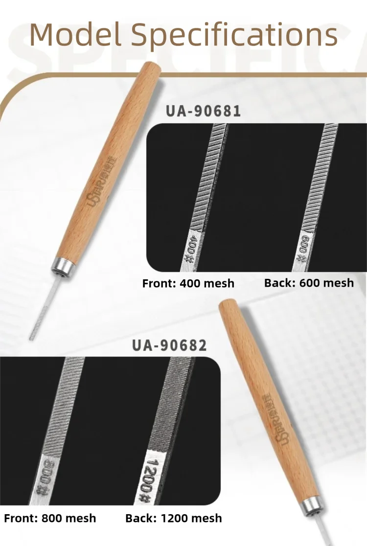Wooden-handled ustar narrow flat polishing file with 400 mesh front and 600 mesh back for fine metal finishing