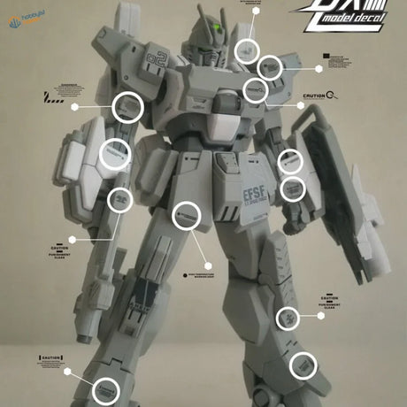 Gray white Gundam model with EFSF decals and decal C001 black red markings