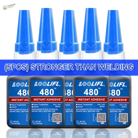 Five clear-bodied 20ml bottles of black cyanoacrylate adhesive with blue tops arranged in a row for instant bonding