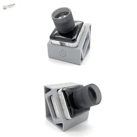 Gray plastic glue holder with knob holding smartphone for scale modeling