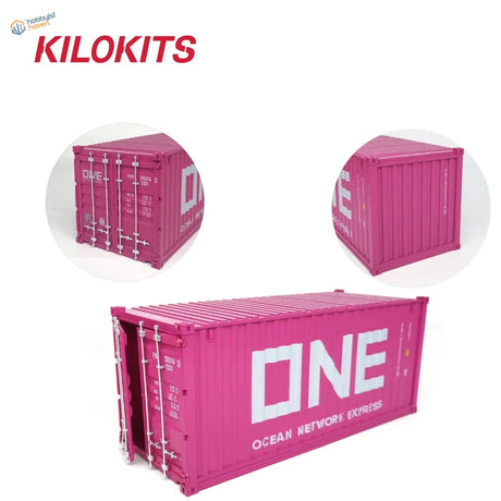 A vibrant pink 1/35 20ft shipping container model kit with white one ocean network express branding and metallic latches for precision hobby tools