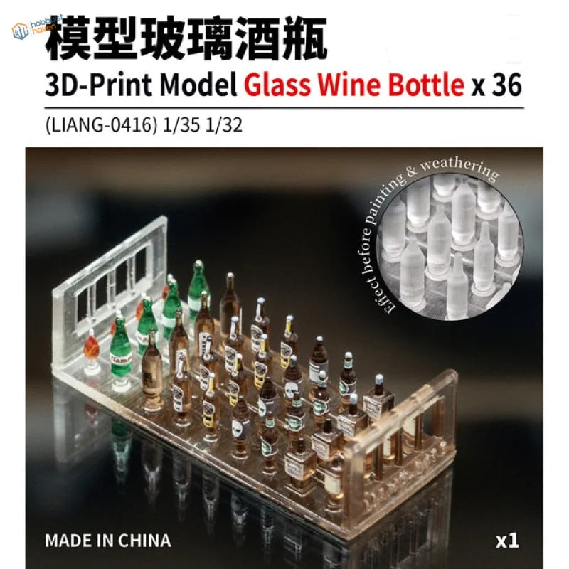 1/35 3D printed liquor bottles: clear glass wine shapes in green, brown, transparent