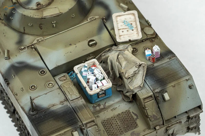 Blue plastic cooler with white lid full of 1/35 3D printed milk cartons