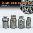 1/35 scale 3D printed model milk cans in silver with copper accents and milk labels