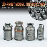 1/35 scale 3D printed model milk cans in silver with copper accents and milk labels