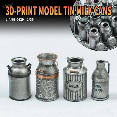 1/35 scale 3D printed model milk cans in silver with copper accents and milk labels
