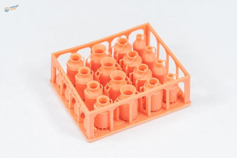1/35 3D printed model milk cans in orange plastic tray