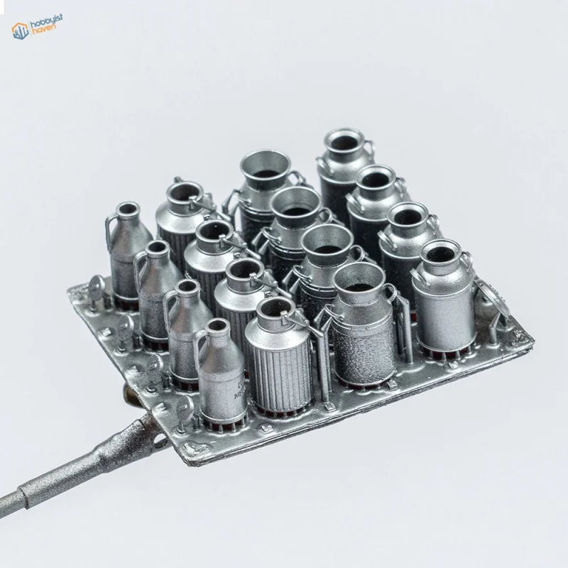 Silver 1/35 3D printed model milk cans with carrier tray