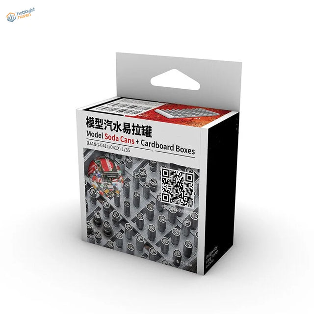 1:35 3D printed soda cans and cardboard boxes in black and white packaging