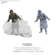 1/35 scale WWII German motorcyclist figure in olive green uniform beside translucent motorcycle