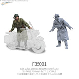 1/35 scale WWII German motorcyclist figure in olive green uniform beside translucent motorcycle