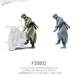 1/35 scale WWII German motorcyclist figure in olive green uniform and helmet