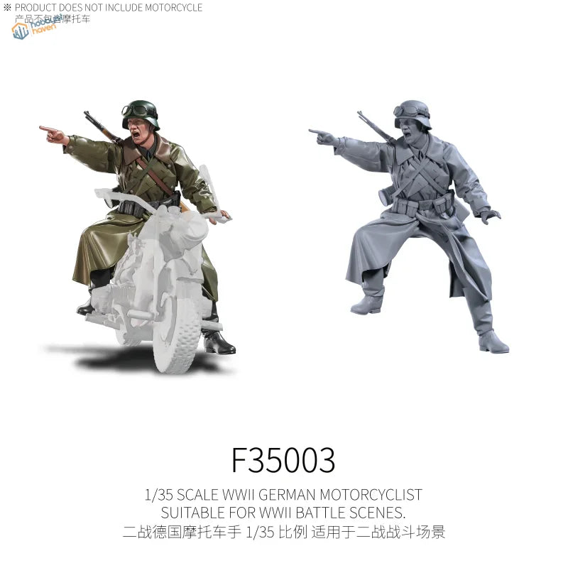 1/35 scale German motorcyclist figure in olive green uniform, painted and unpainted resin versions
