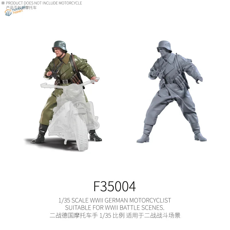 1/35 scale WWII German motorcyclist figure in olive green uniform beside translucent motorcycle