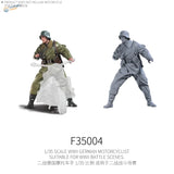 1/35 scale WWII German motorcyclist figure in olive green uniform beside translucent motorcycle