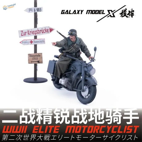1/35 3D-printed WWII German motorcyclist figure on black olive-green motorcycle