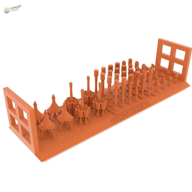 Orange plastic 3D-printed German grenade models in 1/35 WWII workshop scene