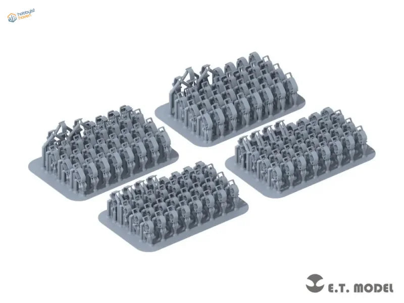 1/35 3D-printed WWII German tool clamps with gray plastic miniature military figures on trays
