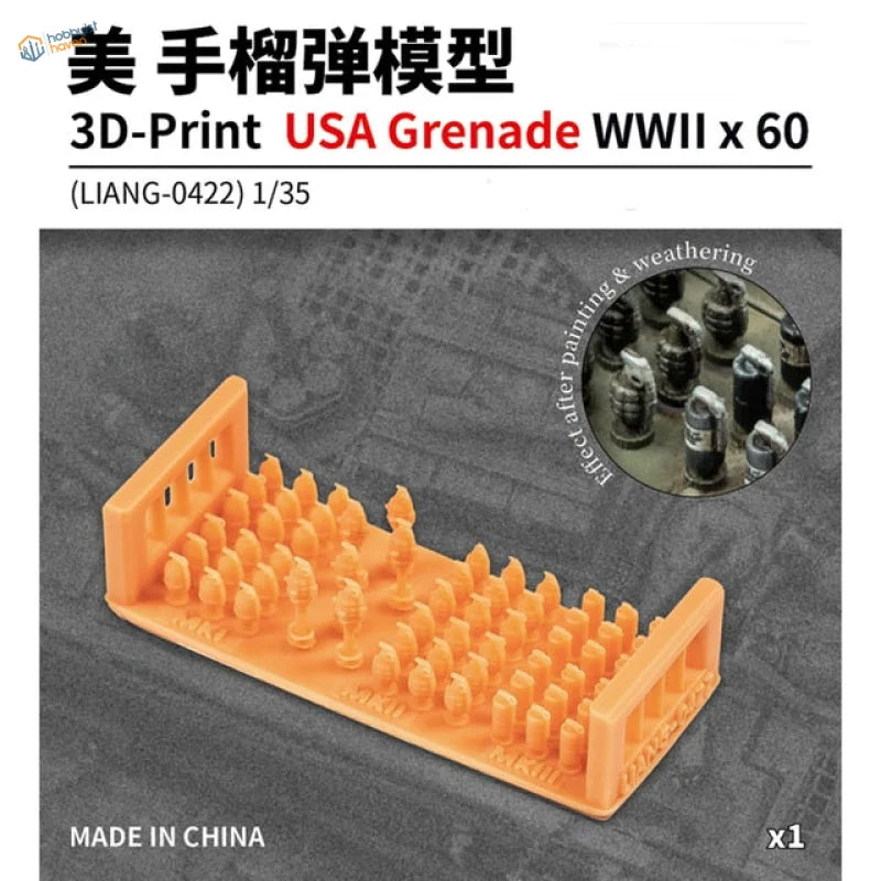 1/35 scale models of WWII grenades in orange 3D-printed US tray holding 60 miniatures