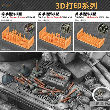 1/35 scale WWII grenades: orange 3D-printed German, USSR, US models on trays