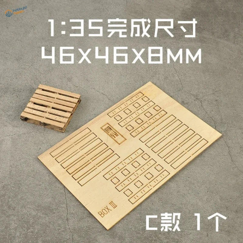 1:35 scale modeling pallet kit sheet with boxes pallets grid and Box III branding