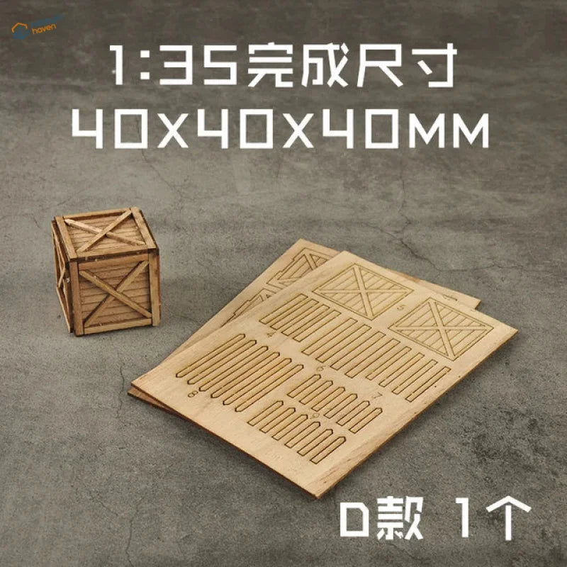 1/35 scale modeling boxes pallets with light brown laser-cut wooden crate components