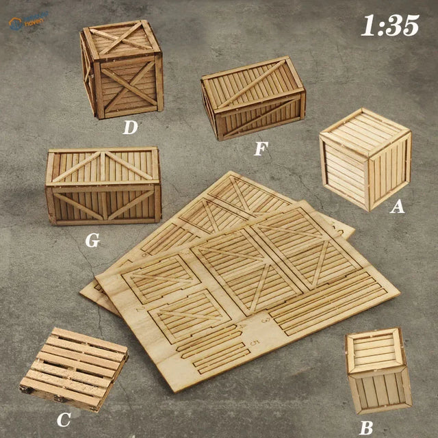 1/35 scale modeling boxes pallets with light brown wooden crates and detailed slats
