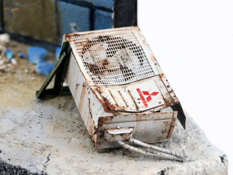Rusted white Mitsubishi 1/35 air conditioner units with red logo