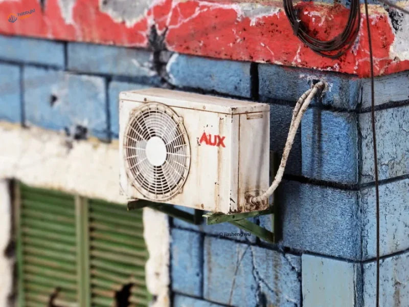 Weathered white Aux air conditioner unit on blue brick wall, 1/35 scale