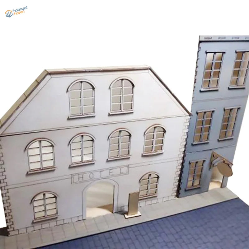 1/35 European street facades: white light blue hotel model with arches bricks