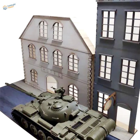 1/35 European street facades: olive green tank diorama with turret and tracks