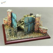 1/35 European wooden door scenario: olive green tank trapped behind blue gate