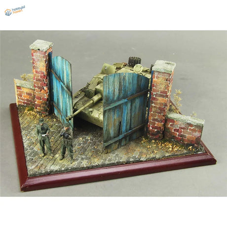 1/35 European wooden door scenario: olive green tank trapped behind blue gate