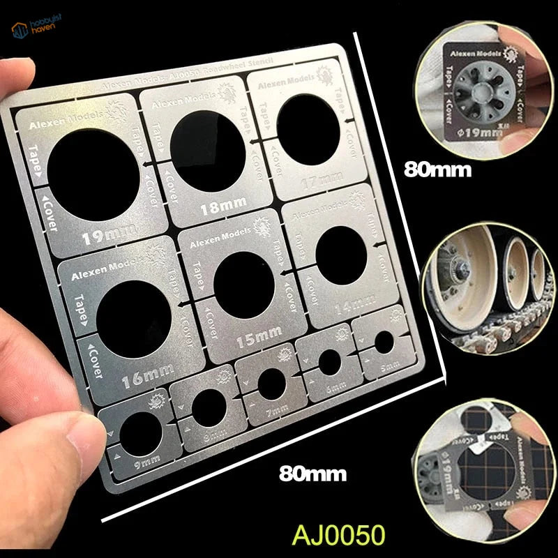 1/35 scale modeling stencils for AFV wheels with precision silver metal cutouts