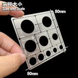 1/35 scale modeling stencils for AFV wheels: silver template with labeled circular cutouts