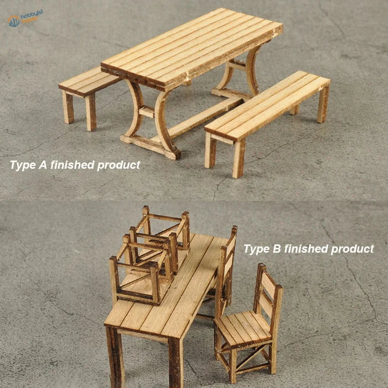1/35 miniature table and chairs sets with light wood slatted top