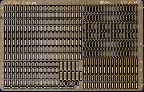 1/35 photo-etched tool clamps sheet for WWII German vehicles in grid layout