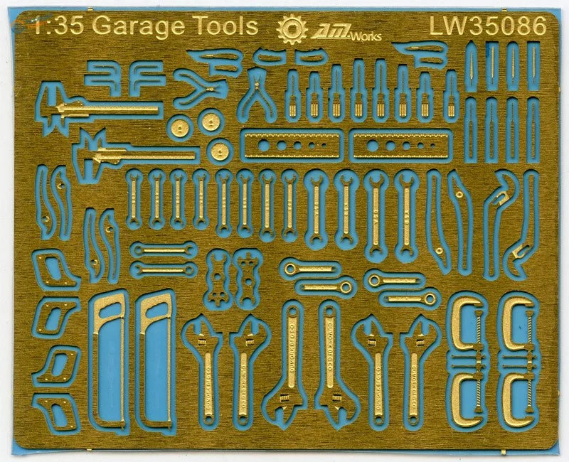 1/35 photoetch garage tools by 2mworks with gold blue metallic cutouts