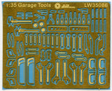 1/35 photoetch garage tools by 2mworks with gold blue metallic cutouts